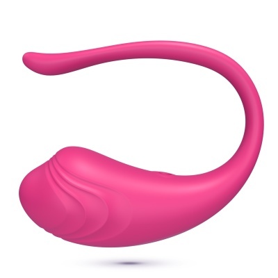 Produto de silicone rosa, formato curvo, textura lisa, fundo branco