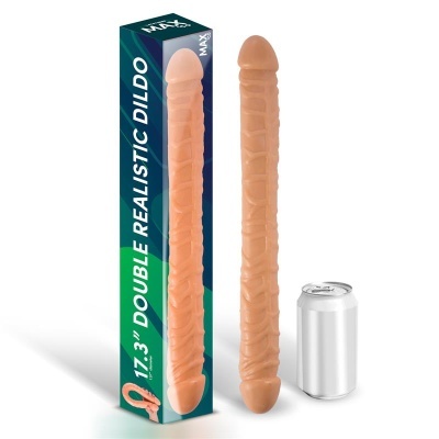 Dildo realista duplo com embalagem e lata ao lado