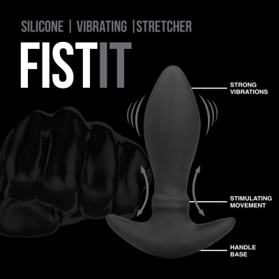 Produto vibratório em silicone preto com base de pega, texto explicativo