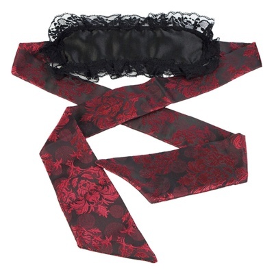 Máscara para dormir preta com renda e faixa de cetim preta com padrão floral vermelho