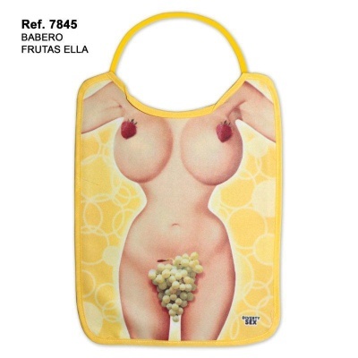Babete amarelo com estampado de corpo feminino com frutas