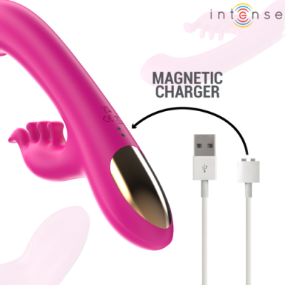 Vibrador cor-de-rosa com carregador magnético USB branco e texto