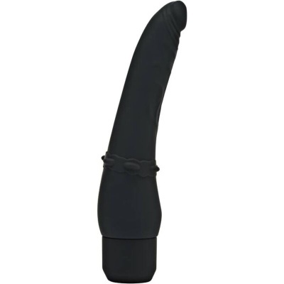 Vibrador preto curvado com anel decorativo e base de controlo