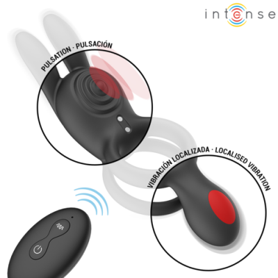 Vibrador preto com controle remoto com indicação de zonas de pulsação e vibração localizada
