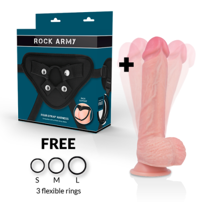 Arnês preto ROCK ARMY com dildo realista e três anéis flexíveis S, M, L