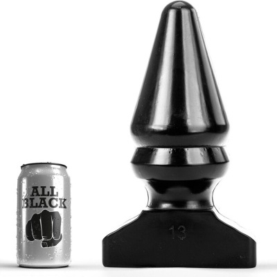 Lata cinza com texto ALL BLACK e um objeto preto cônico com número 13.