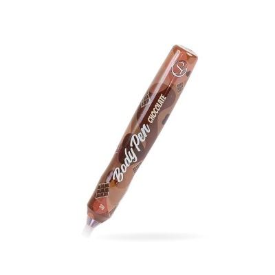 Caneta de corpo castanha com padrão de chocolates e texto Body Pen CHOCOLATE