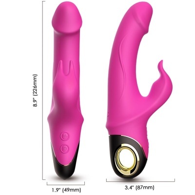 Vibrador rosa em silicone de design anatómico com botões de controlo, detalhes pretos e dourados.