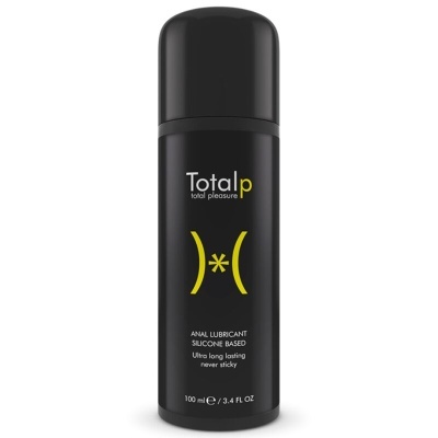 Frasco preto de lubrificante anal Total p em fundo branco