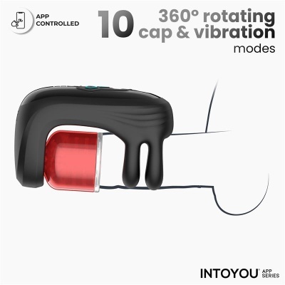 Dispositivo preto texturizado com objeto vermelho e branco, texto sobre rotação e vibração, fundo branco
