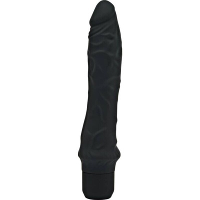 Vibrador preto com textura ondulada e base cilíndrica