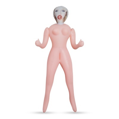 Boneca insuflável cor-de-rosa com rosto impresso de mulher loira