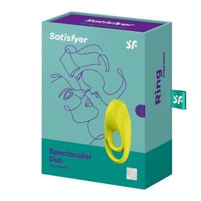 Embalagem do Satisfyer Ring Vibrator com anel vibrador amarelo e ilustração linear de faces