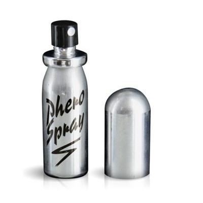 Frasco metálico com spray e tampa removível, texto Phero Spray