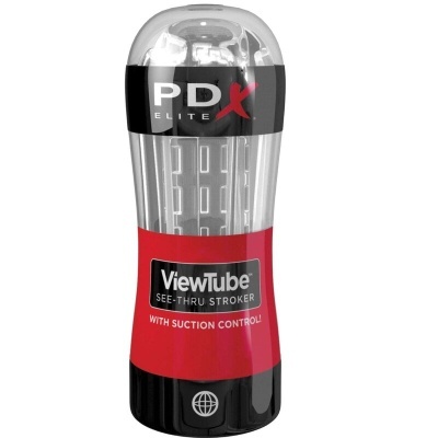 Produto cilíndrico transparente e preto com detalhes vermelhos e texto visível