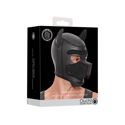 Máscara preta de capuz puppy hood em neopreno com orelhas e focinho.