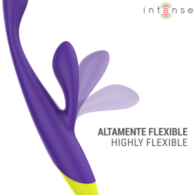 vibrador roxo com extremidade amarela e texto de flexibilidade