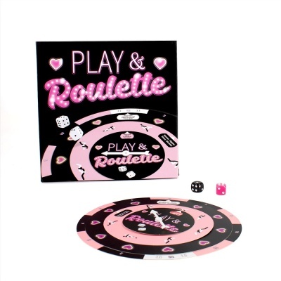 Jogo de tabuleiro PLAY & Roulette com tabuleiro rosa, preto e dados.