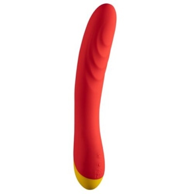 Vibrador vermelho com base amarela e textura ondulada