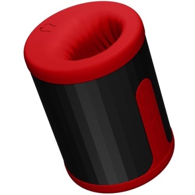 Dispositivo cilíndrico preto com detalhes vermelhos e abertura oval