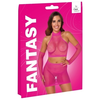 Conjunto de lingerie rosa em rede com top, saia e luvas, em embalagem rosa com texto branco FANTASY.