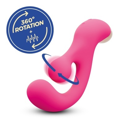 Produto rosa curvo com sinal azul de rotação 360°