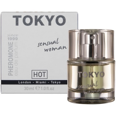 Frasco de perfume TOKYO sensual woman ao lado da embalagem branca com texto