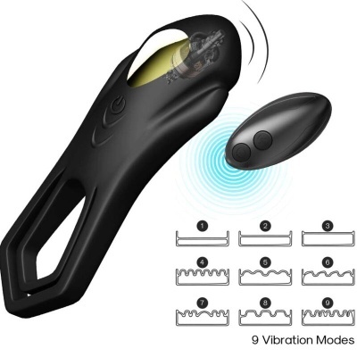 Dispositivo vibratório preto com controlo remoto e nove modos de vibração indicados