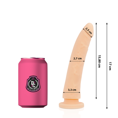 Dildo silicone cor pele com ventosa ao lado de lata rosa com logótipo e medidas