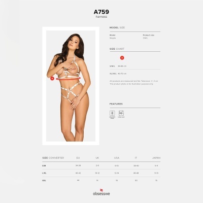 Modelo feminina vestindo arnês branco com tiras e argolas metálicas
