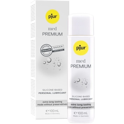Lubrificante pessoal Pjur Med Premium base silicone em frasco branco com caixa branca