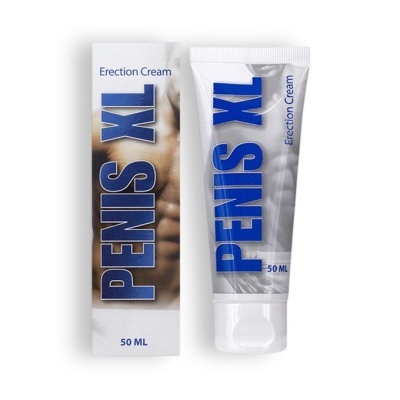 Embalagem e tubo de creme PENIS XL com texto azul e cinza e imagem de torso masculino ao fundo.