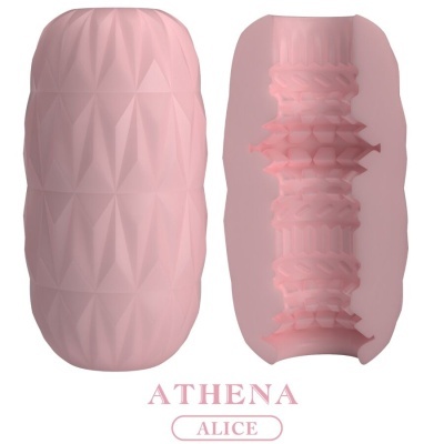 Produto cilíndrico rosa ATHENA ALICE com textura exterior geométrica e interior detalhado resistido