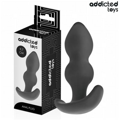 Plug anal preto com base curvada ao lado de caixa de embalagem preta e branca com texto ADDICTED TOYS