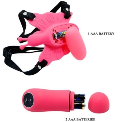 Brinquedo íntimo cor-de-rosa com suporte preto e compartimento de pilhas aberto.