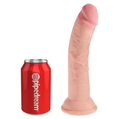 Dildo realista cor pele ao lado de lata vermelha Pipedream