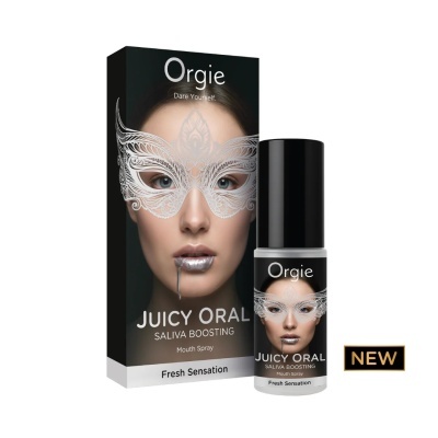 Spray oral Orgie Juicy Oral com embalagem preta e imagem de mulher com máscara branca ornamental