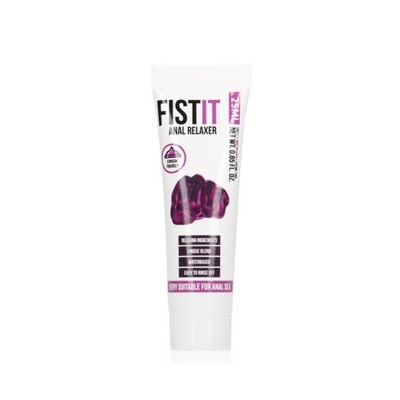 Frasco branco com creme FISTIT ANAL RELAXER e texto em preto e roxo
