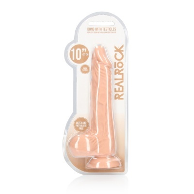Dildo realista cor de pele com testículos em embalagem transparente