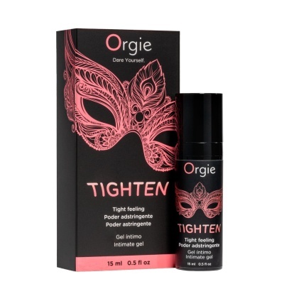 frasco e embalagem do gel íntimo Orgie Tighten preto e rosa com máscara decorativa