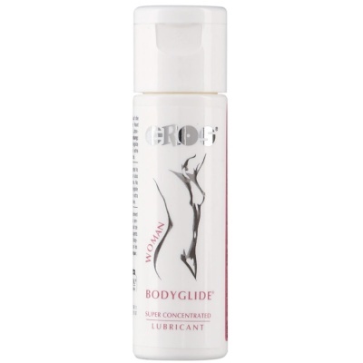 Frasco branco de lubrificante íntimo com texto e ilustração de corpo feminino