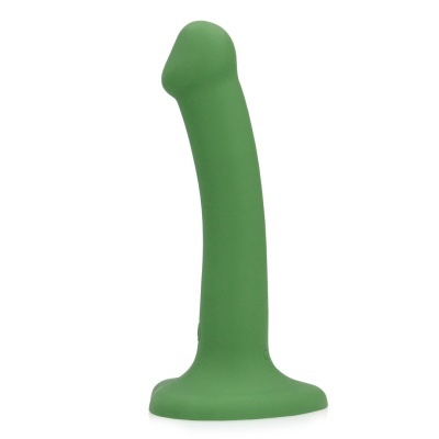 Vibrador verde de silicone sobre fundo branco