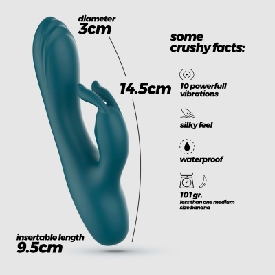 Vibrador azul turquesa com texto informativo sobre dimensões e características