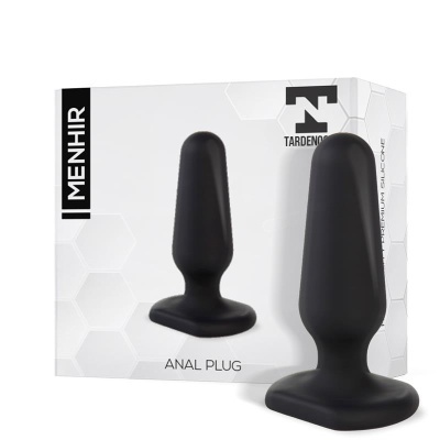 Plug anal preto de silicone com base quadrada e embalagem branca com texto e logótipo