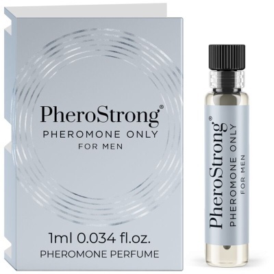 Perfume de feromonas PheroStrong para homens em embalagem e frasco cinza e preto