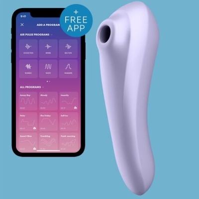 Dispositivo lilás junto a smartphone com app de programas de pulsos de ar