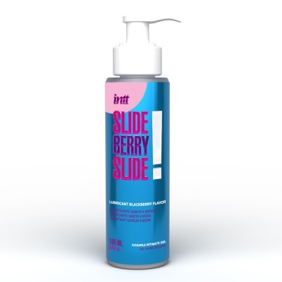 Frasco azul de gel íntimo lubrificante sabor amora com doseador branco
