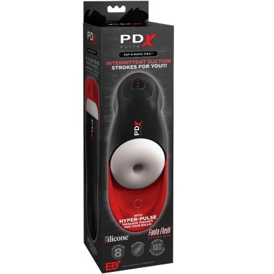 Embalagem do dispositivo PDx Elite Fap-O-Matic Pro preto com entrada branca e interior vermelho.
