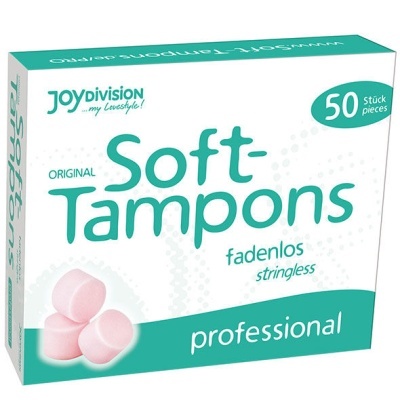 Embalagem de tampões macios soft da marca Joydivision, cor branca com texto verde, 50 unidades