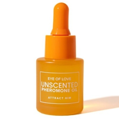 Frasco de óleo de perfume laranja com conta-gotas e texto branco